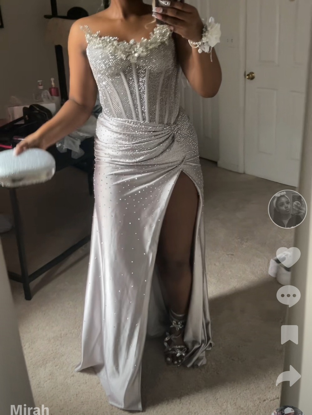 Silver Embellished Corset Prom Gown with High Slit